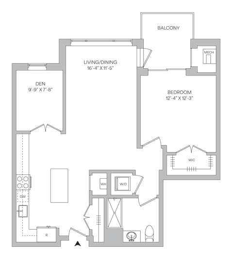 Floorplan of a 1 bedroom 1 bath apartment with a den and a balcony